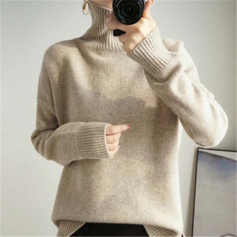 Autumn Winter Orange Turtleneck Cashmere Sweater Women Thickened Pullover Sweater Casual Basic Jumper Knitted Sweater Loose Tops