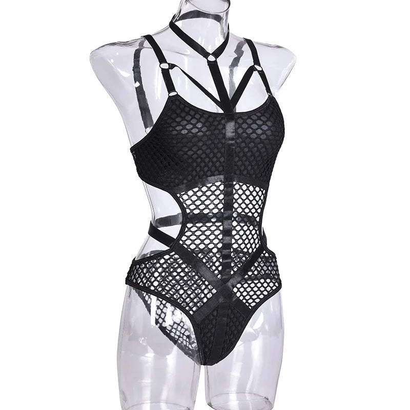 AltGoth Gothic Sexy Fishnet Jumpsuit Women Harajuku Streetwear Mall Goth See Through Bodysuit Nightclub Hollow Out Emo Rompers