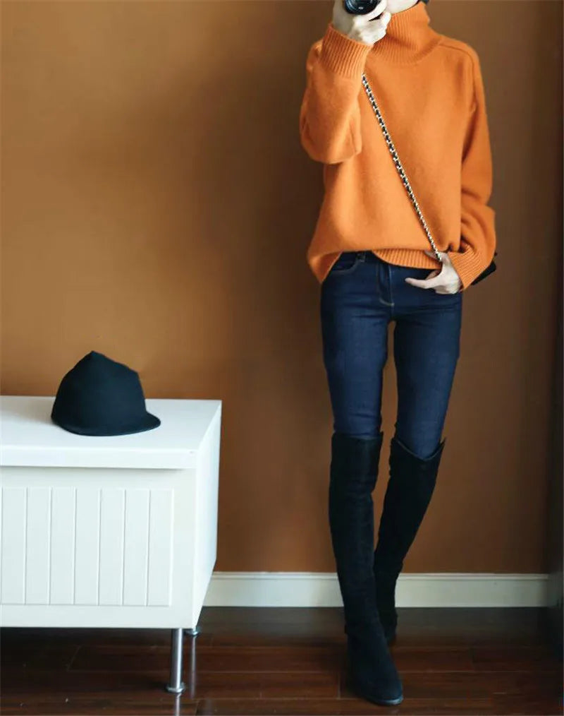 Autumn Winter Orange Turtleneck Cashmere Sweater Women Thickened Pullover Sweater Casual Basic Jumper Knitted Sweater Loose Tops