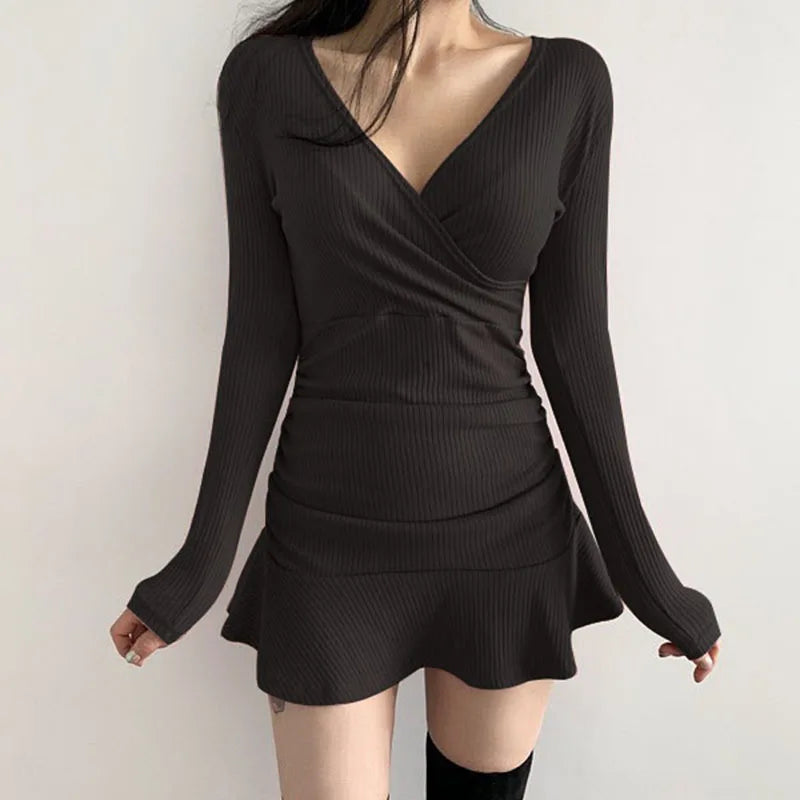 Black Knitted Ribbed Midi Dresses For Women V Neck Elegant Korean Clothes Long Sleeve Ruffles Bodycon Dresses Autumn