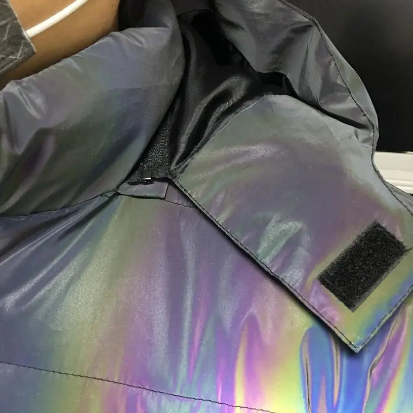 2024 Winter Hip Hop Hooded Parka Rainbow Dazzling Reflective Light Winter Jacket Coat Windbreaker Younger Padded Cotton Coat