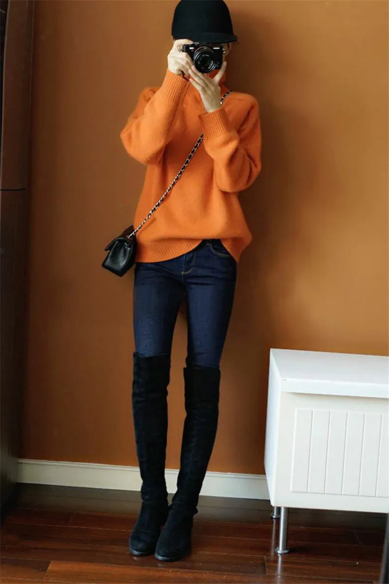 Autumn Winter Orange Turtleneck Cashmere Sweater Women Thickened Pullover Sweater Casual Basic Jumper Knitted Sweater Loose Tops