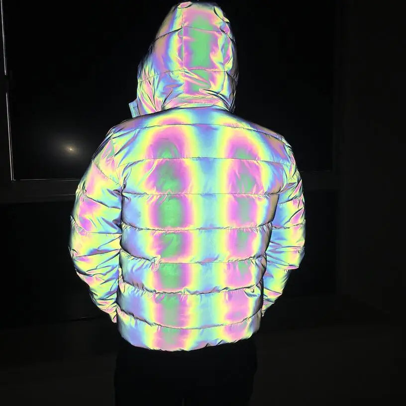 2024 Winter Hip Hop Hooded Parka Rainbow Dazzling Reflective Light Winter Jacket Coat Windbreaker Younger Padded Cotton Coat