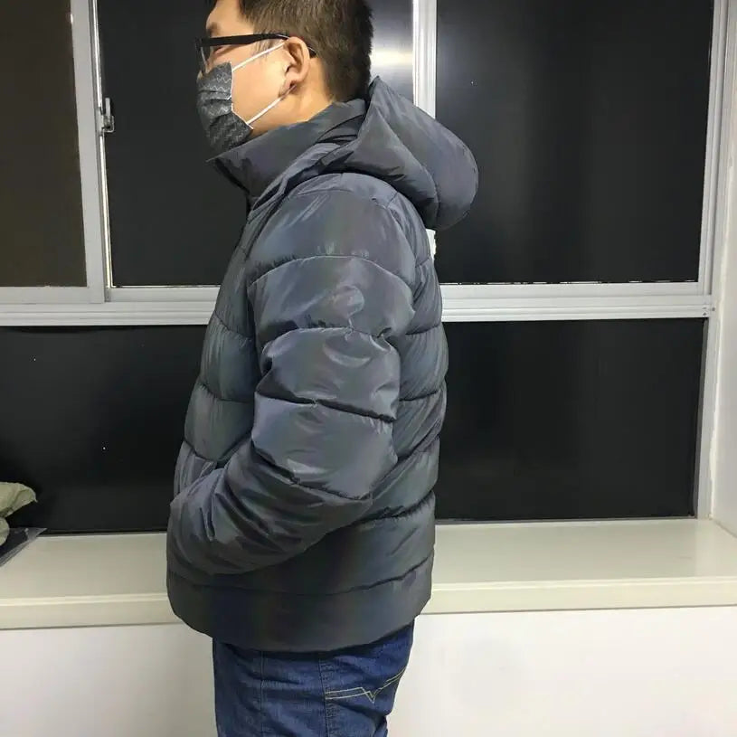 2024 Winter Hip Hop Hooded Parka Rainbow Dazzling Reflective Light Winter Jacket Coat Windbreaker Younger Padded Cotton Coat