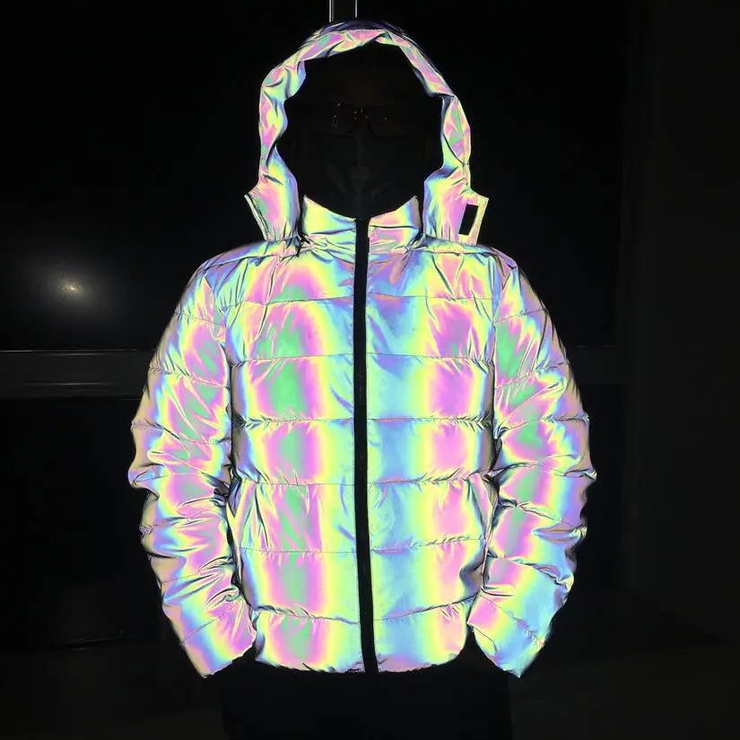 2024 Winter Hip Hop Hooded Parka Rainbow Dazzling Reflective Light Winter Jacket Coat Windbreaker Younger Padded Cotton Coat