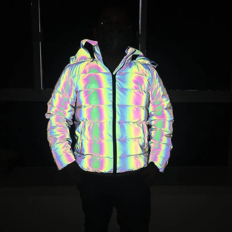 2024 Winter Hip Hop Hooded Parka Rainbow Dazzling Reflective Light Winter Jacket Coat Windbreaker Younger Padded Cotton Coat