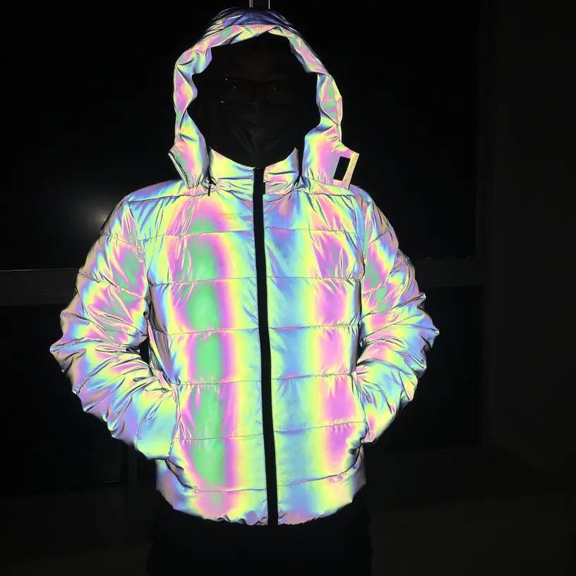 2024 Winter Hip Hop Hooded Parka Rainbow Dazzling Reflective Light Winter Jacket Coat Windbreaker Younger Padded Cotton Coat