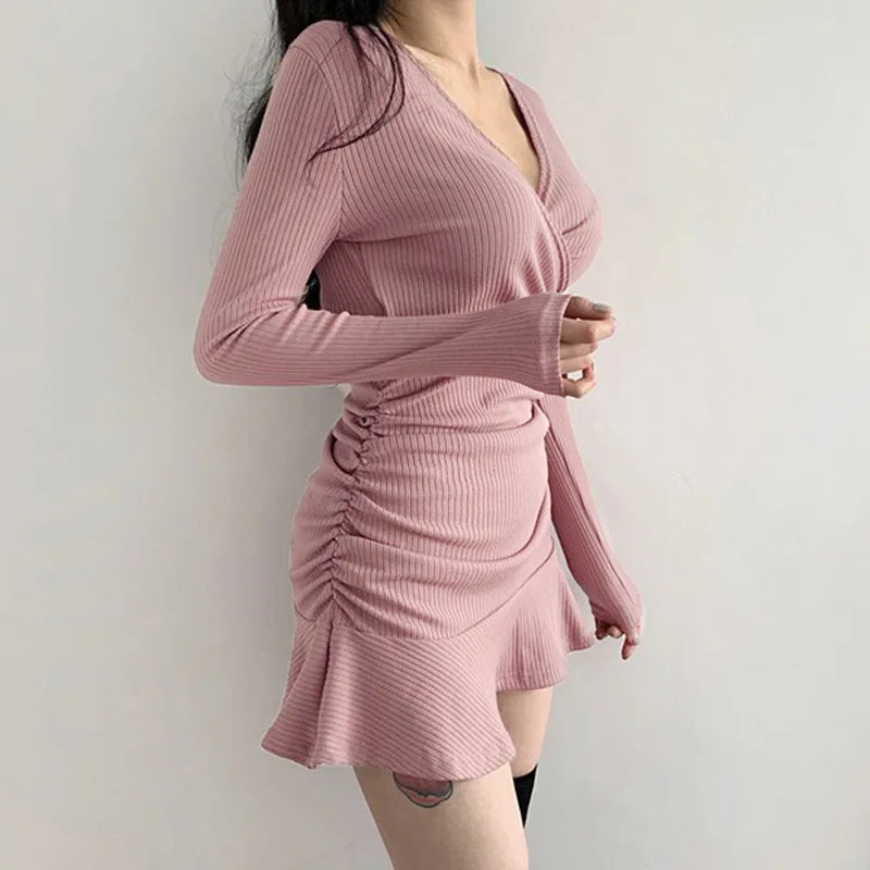 Black Knitted Ribbed Midi Dresses For Women V Neck Elegant Korean Clothes Long Sleeve Ruffles Bodycon Dresses Autumn