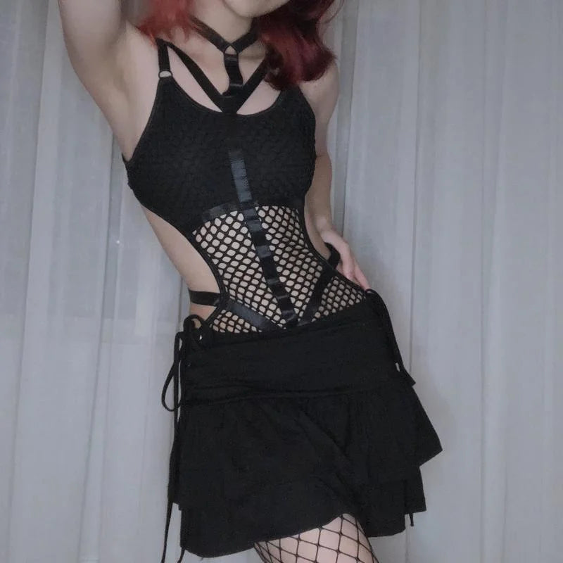 AltGoth Gothic Sexy Fishnet Jumpsuit Women Harajuku Streetwear Mall Goth See Through Bodysuit Nightclub Hollow Out Emo Rompers