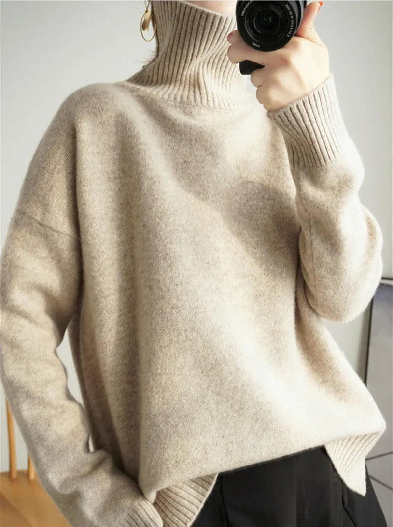 Autumn Winter Orange Turtleneck Cashmere Sweater Women Thickened Pullover Sweater Casual Basic Jumper Knitted Sweater Loose Tops