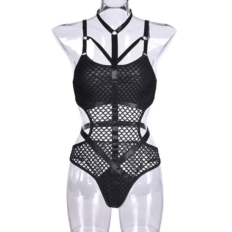 AltGoth Gothic Sexy Fishnet Jumpsuit Women Harajuku Streetwear Mall Goth See Through Bodysuit Nightclub Hollow Out Emo Rompers