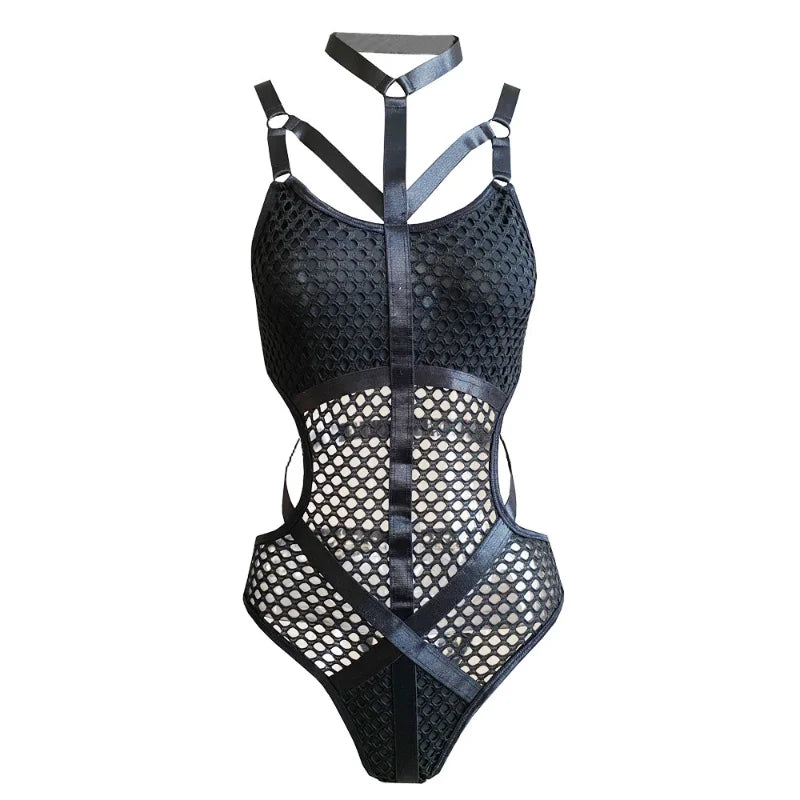 AltGoth Gothic Sexy Fishnet Jumpsuit Women Harajuku Streetwear Mall Goth See Through Bodysuit Nightclub Hollow Out Emo Rompers