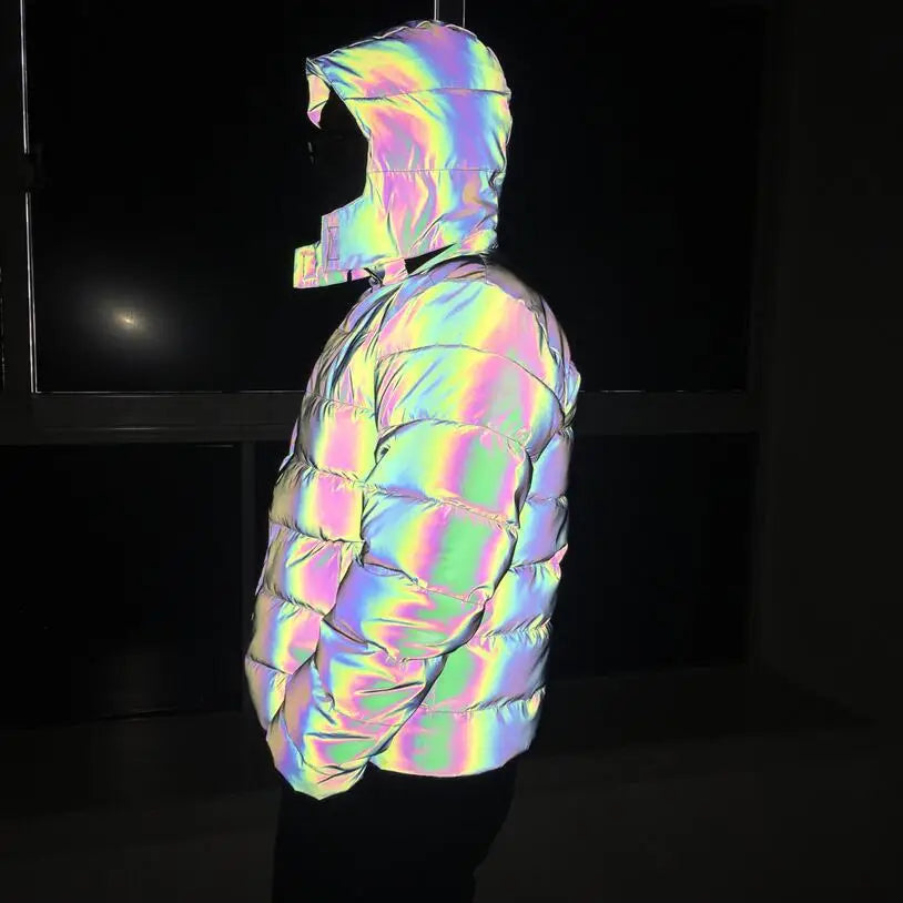 2024 Winter Hip Hop Hooded Parka Rainbow Dazzling Reflective Light Winter Jacket Coat Windbreaker Younger Padded Cotton Coat