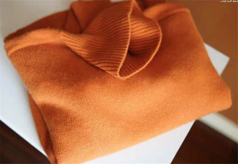 Autumn Winter Orange Turtleneck Cashmere Sweater Women Thickened Pullover Sweater Casual Basic Jumper Knitted Sweater Loose Tops