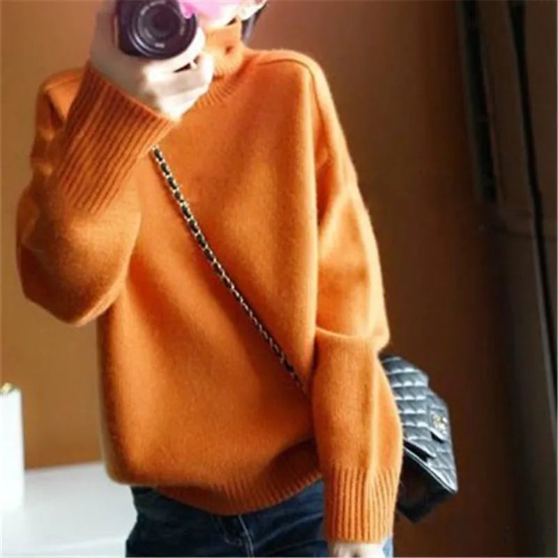 Autumn Winter Orange Turtleneck Cashmere Sweater Women Thickened Pullover Sweater Casual Basic Jumper Knitted Sweater Loose Tops