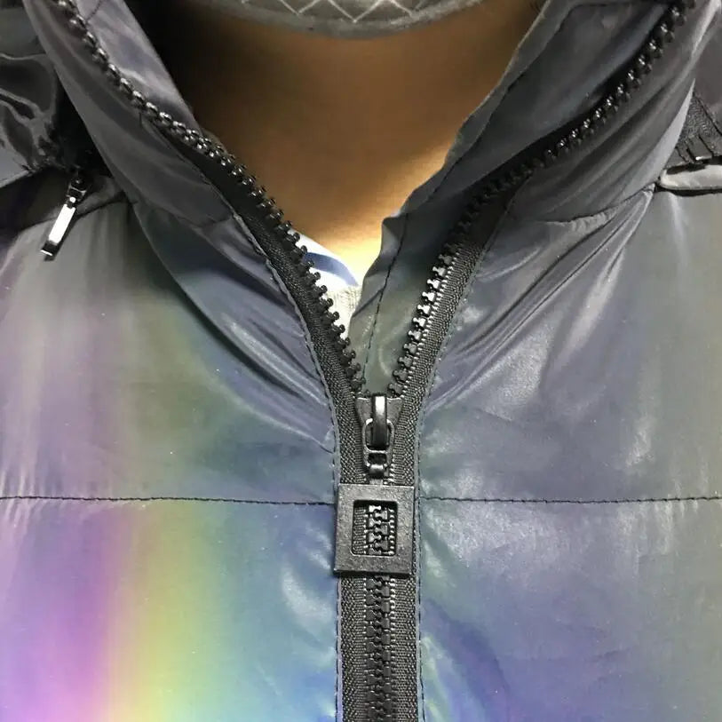 2024 Winter Hip Hop Hooded Parka Rainbow Dazzling Reflective Light Winter Jacket Coat Windbreaker Younger Padded Cotton Coat