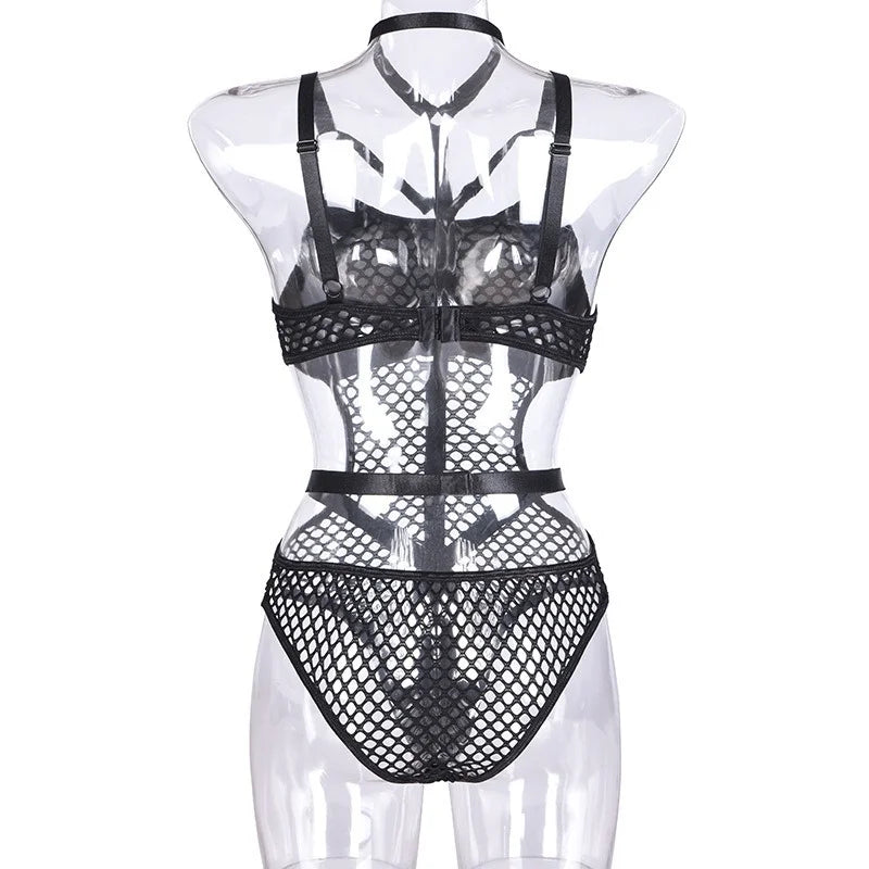 AltGoth Gothic Sexy Fishnet Jumpsuit Women Harajuku Streetwear Mall Goth See Through Bodysuit Nightclub Hollow Out Emo Rompers