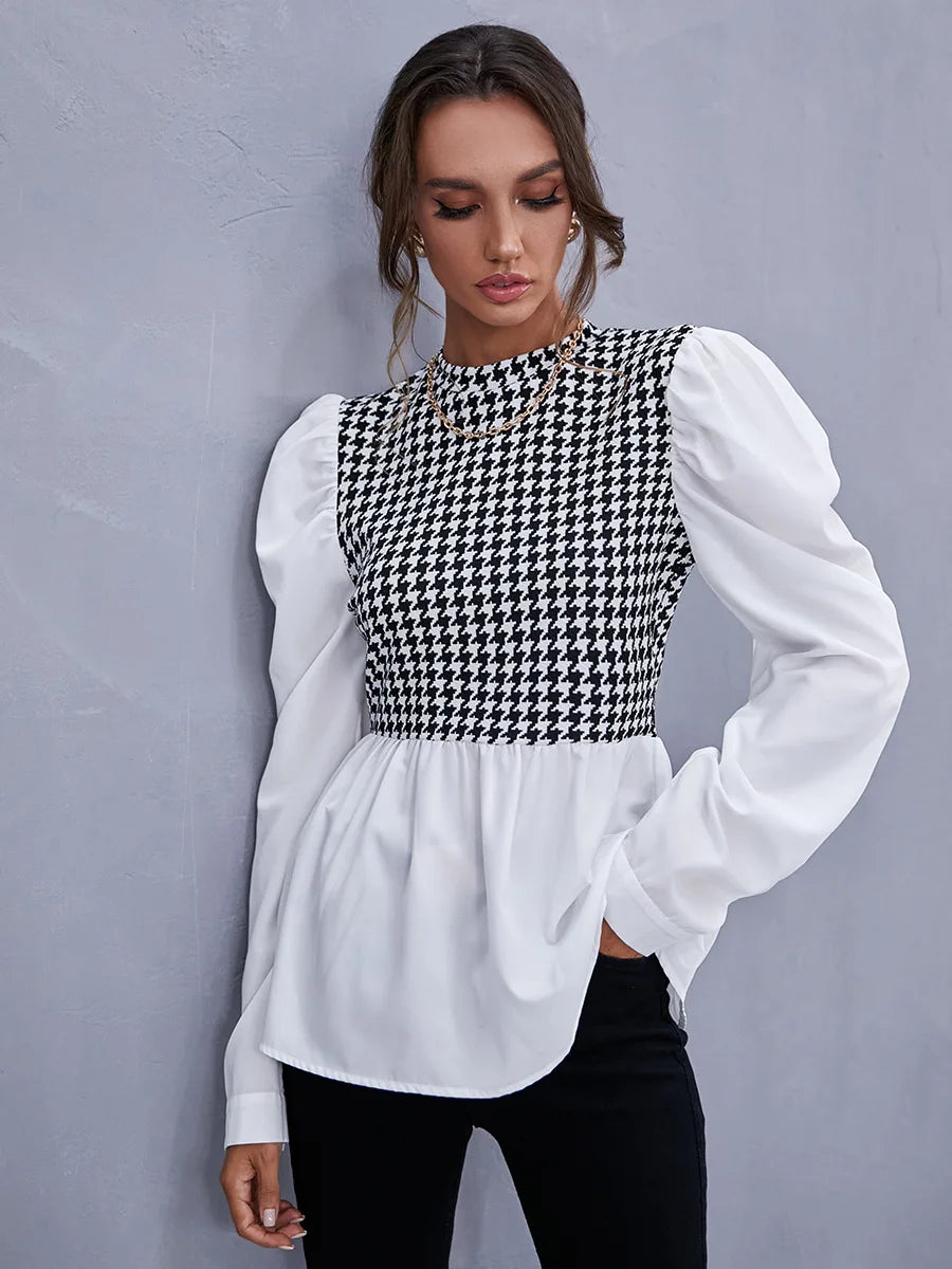 Women Elegant Houndstooth Shirt Fashion Ruffle Stitching Fluffy Long Sleeve Top Casual Chic Ladies Blouse Office White Shirts