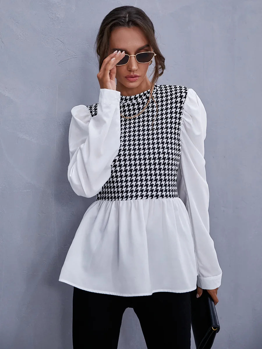 Women Elegant Houndstooth Shirt Fashion Ruffle Stitching Fluffy Long Sleeve Top Casual Chic Ladies Blouse Office White Shirts