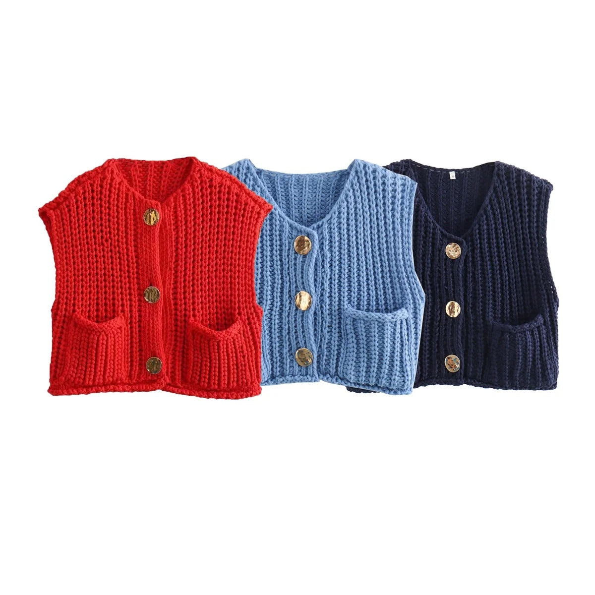 2024 Fall Clothes Korean Fashion Sweater Vests Women V Neck Blue Button-Up Front Pockets Sleeveless Cable Knit Cardigan Vest Red