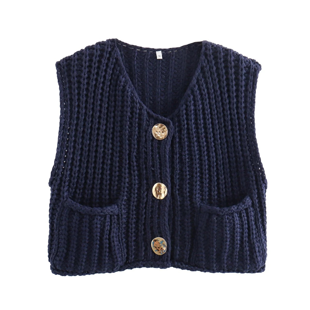 2024 Fall Clothes Korean Fashion Sweater Vests Women V Neck Blue Button-Up Front Pockets Sleeveless Cable Knit Cardigan Vest Red