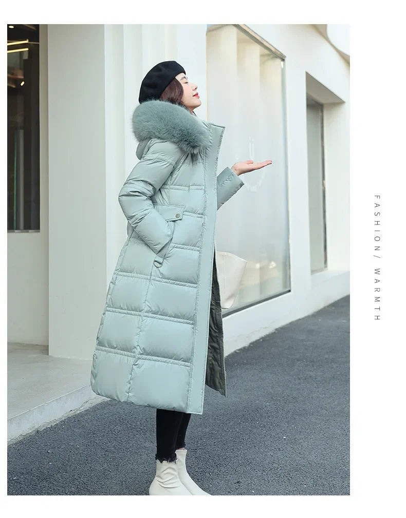 2024 Winter New Down Cotton Parkas Jacket Women's X-Long Faux Fur Collar Padded Jacket Thick Loose Large Size Padded Jacket