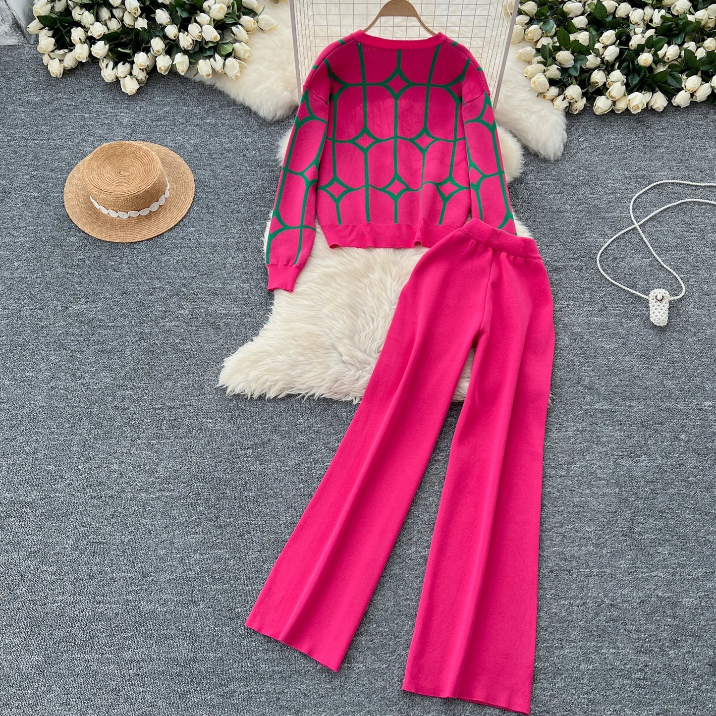 Knitted Two Piece Sets Women Autumn Winter Vintage Long Sleeved Printed Knitted Cardigan Sweater Wide Leg Pants Tracksuits