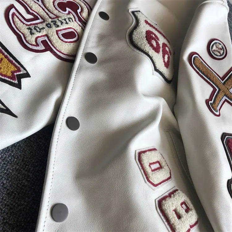 Men's spring and autumn baseball uniform Y2K retro trend leather jacket heavy industry embroidery white short coat ins hot sale