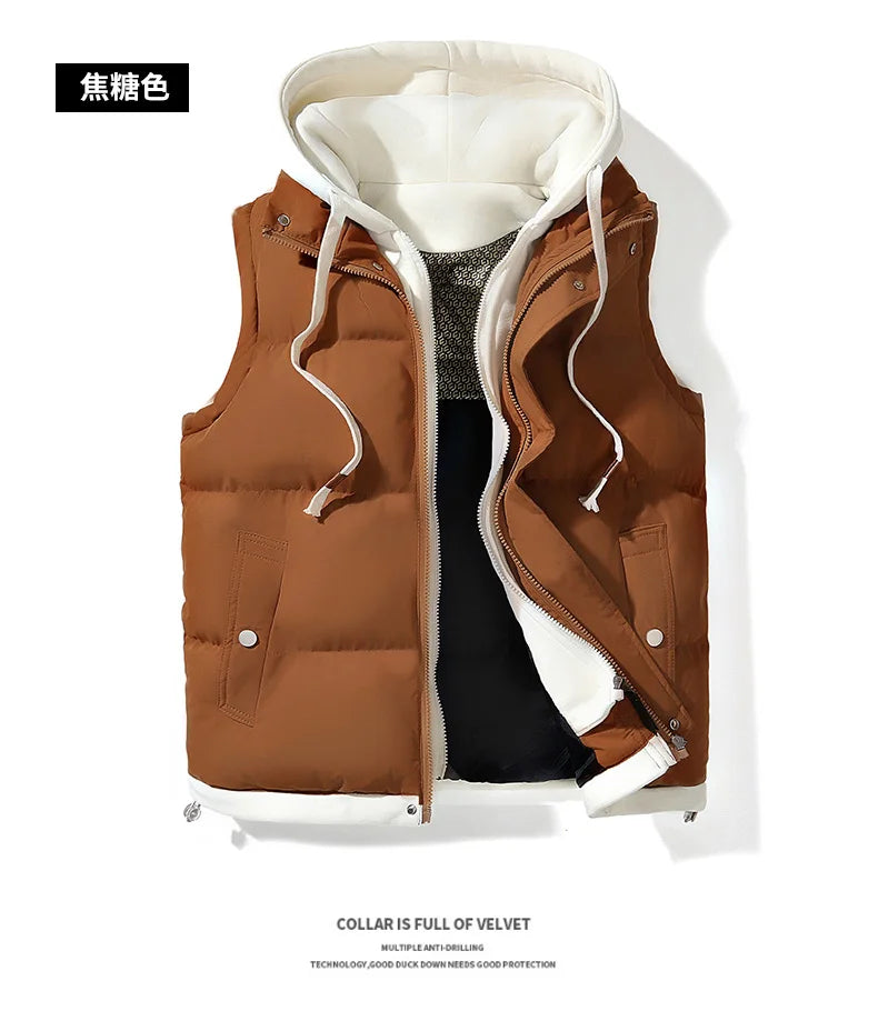 Autumn and winter down cotton vest for men and women, versatile, loose, trendy brand, fake two-piece vest, cotton jacket