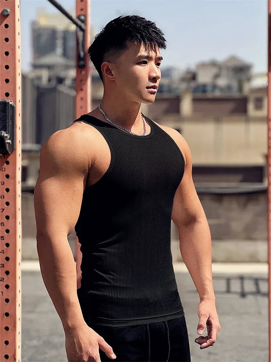 Men's vest Elasticity stripe Round Neck Oversized Sleeveless T-Shirt Gym Sports Fitness Running Training Bodybuilding Tank Top