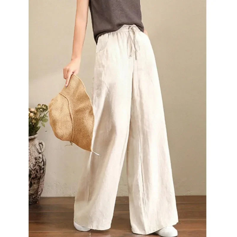 Wide Leg Pure Color Linen Pants For Women High Waist Drawstring Loose Fit Cotton Linen Trousers Plus Size White Long Pants