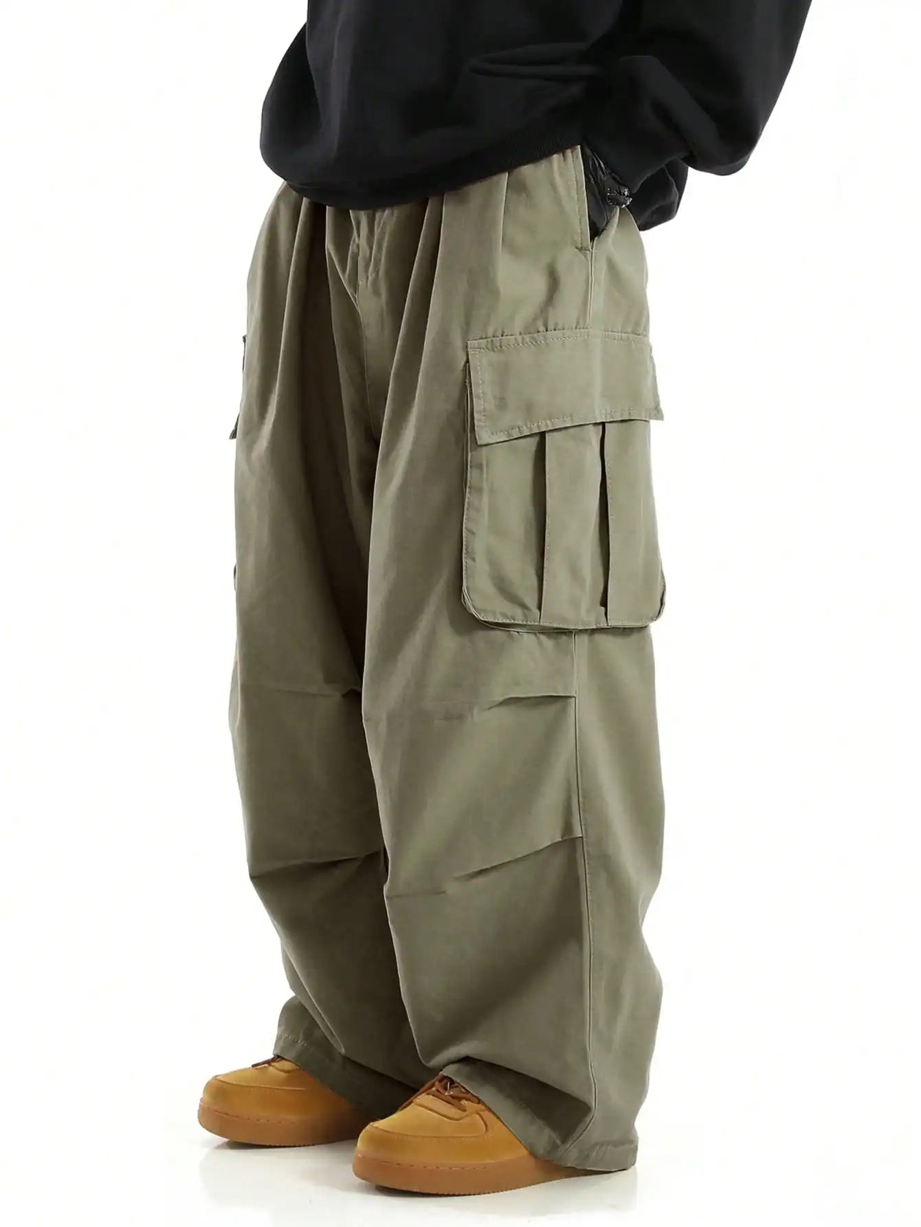 Classic Design Multi Flap Pockets Cargo Pants,Men's Loose Fit Drawstring Cargo Pants，For Skateboarding,Street,Outdoor Camping