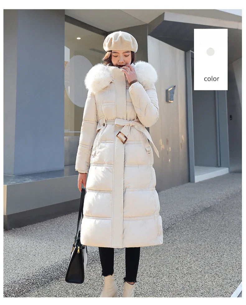 2024 Winter New Down Cotton Parkas Jacket Women's X-Long Faux Fur Collar Padded Jacket Thick Loose Large Size Padded Jacket