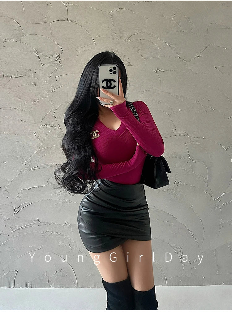 WOMENGAGA Spicy Girl Sexy High Waist Slim A-LINE Wrinkle Wrapped Hip PU Leather Skirt Short Skirt Sweet Korean Women 8EGA