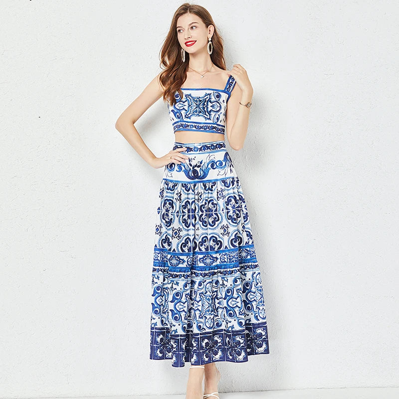 Summer Runway Blue And White Porcelain Two Piece Set Women Flower Print Short Crop Top + Holiday Beach Maxi Skirt Suits