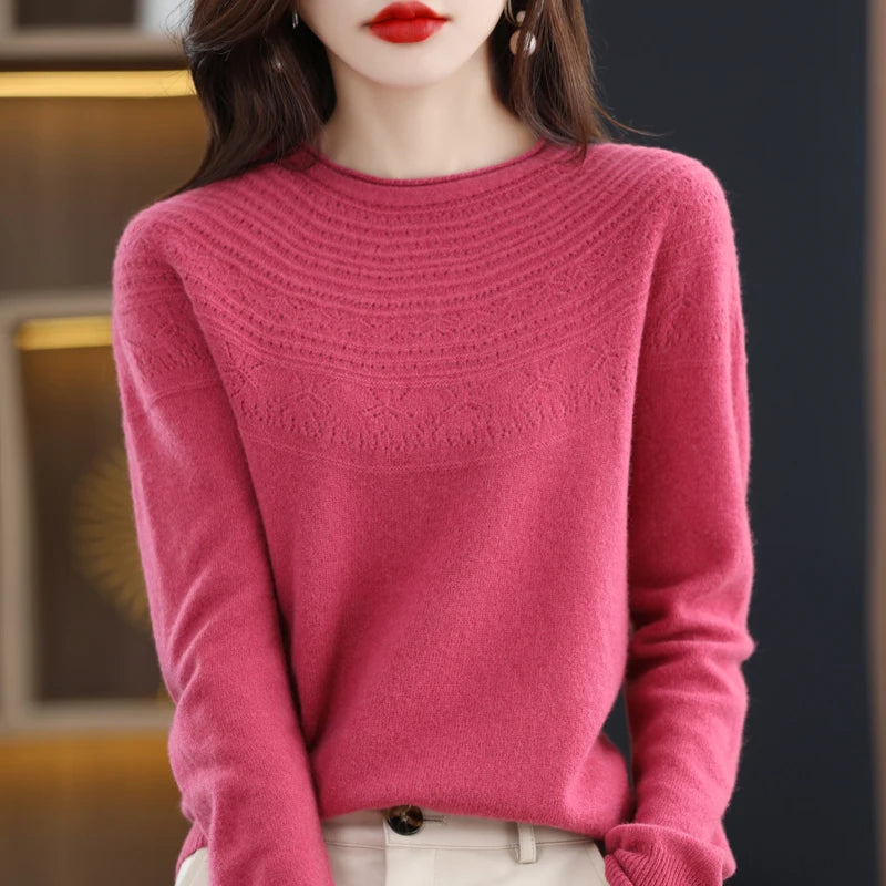 100% Merino Wool Knitted Sweater Autumn/Winter 2024 New Women's Round Neck Hollow Top 11 Color Pullover Versatile Coat NJR1107