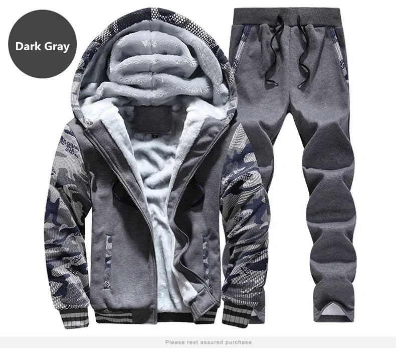 New Winter Fleece Thicken Men's Two-piece Zipper Sports Set Hooded Thermal Suit Casual Oversized Tracksuit 4XL 5XL Funny Suit