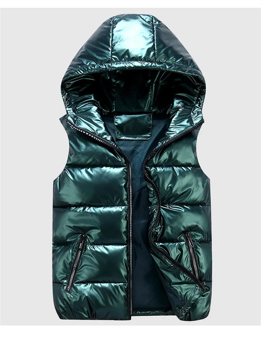 Men Winter Hooded Padded Vest Glossy Sleeveless Jacket Casual Outwear Thicken Warm Coat Waterproof Waistcoat Men Clothing 4XL