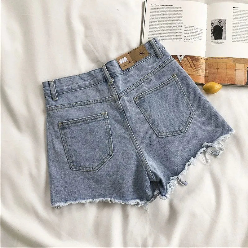 Korean Denim Shorts Women Summer Fashion Casual High Waist Ripped Jeans Pocket Tassel Y2K Hot Pants Streetwear Blue Trousers