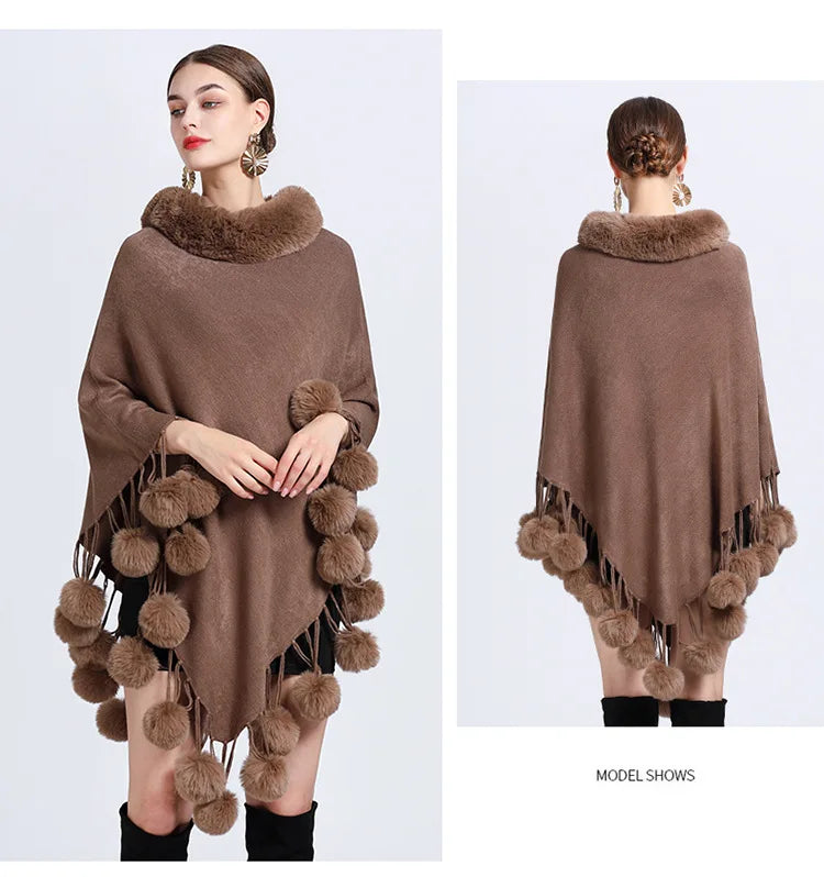 Poncho Scarf Fur Ball Decoration Shawl Faux Fur Collar Women's  Cape Fringed Asymmetric Cover Up Diamond Shawl