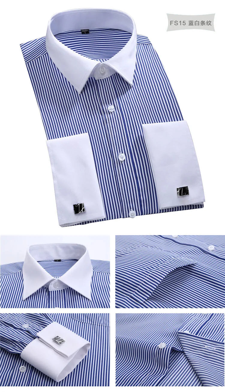 Men's Classic French Cuffs Social Dress Shirt Formal Business Standard-fit Long Sleeve Wedding Party Office Work White Shirts