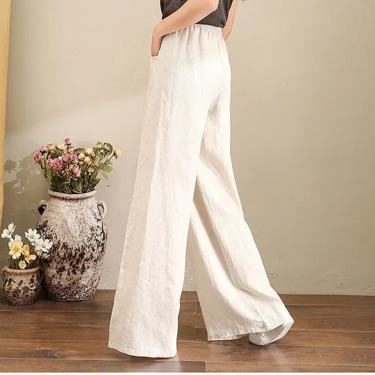 Wide Leg Pure Color Linen Pants For Women High Waist Drawstring Loose Fit Cotton Linen Trousers Plus Size White Long Pants