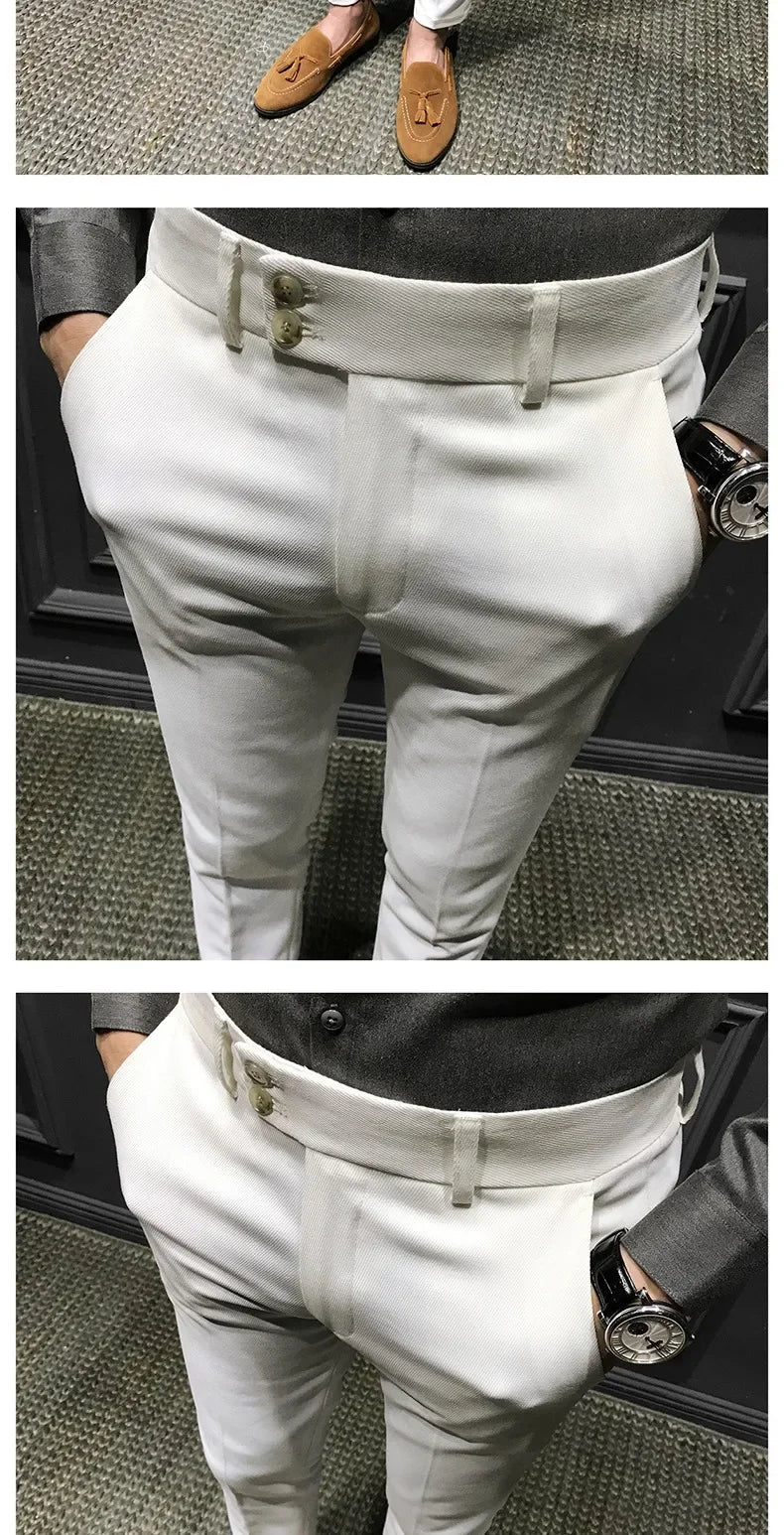 Spring Autumn Men's Slim Fit Korean Style Suit Pants Casual Nine Point Length Trendy White Pants For Office Wear