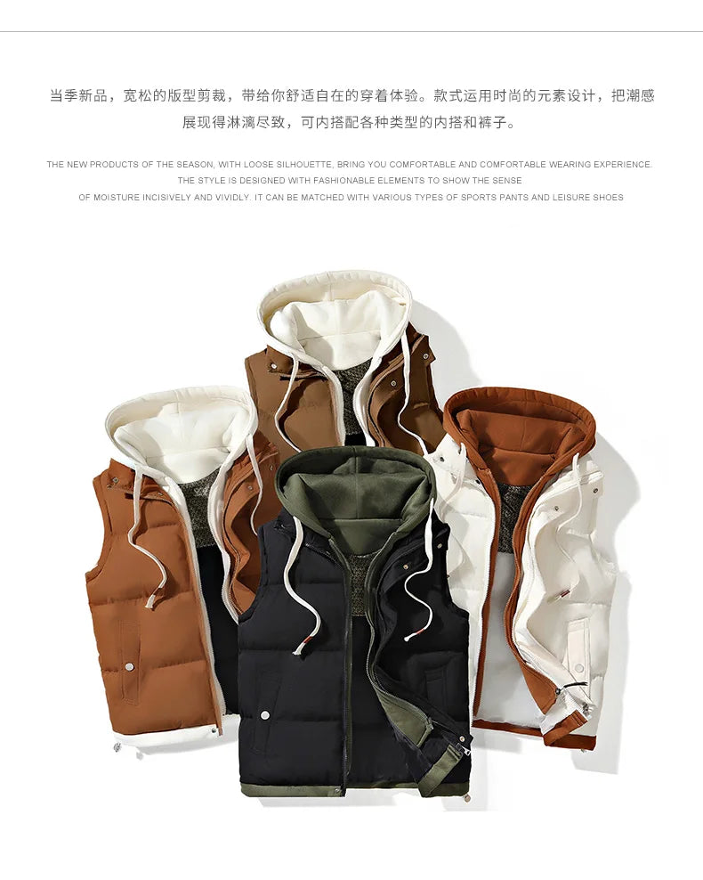 Autumn and winter down cotton vest for men and women, versatile, loose, trendy brand, fake two-piece vest, cotton jacket