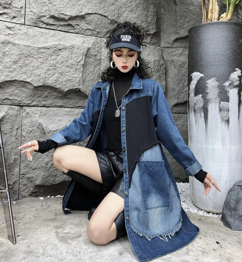 Oversized Denim Autumn Midi Trench Coat Women Fringe Fashion Patchwork Pleated Ladies Windbreaks Casual Loose Woman Trench 2023