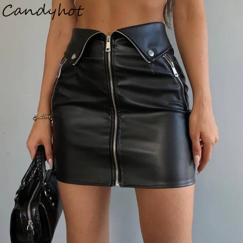 Candyhot Sexy Y2K PU Leather Zipper Casual Skirt Chic Multi Zip Fashion Slim Hip Skirts Summer Club Party High-waist Mini Dress