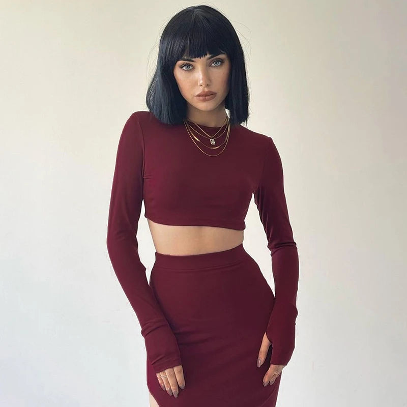 Pullover Long Sleeve Simple Crop Top Elastic Waist Halter High Split Legless Sexy Tie Solid Colour Half Skirt Set