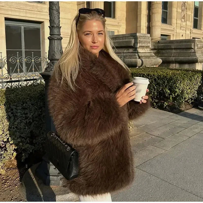 Luxury Brown Women Faux Fur Jacket Oversized Lapel Long Sleeve Warm Fluffy Coats 2024 Winter Female Loose Streetwear Outwears