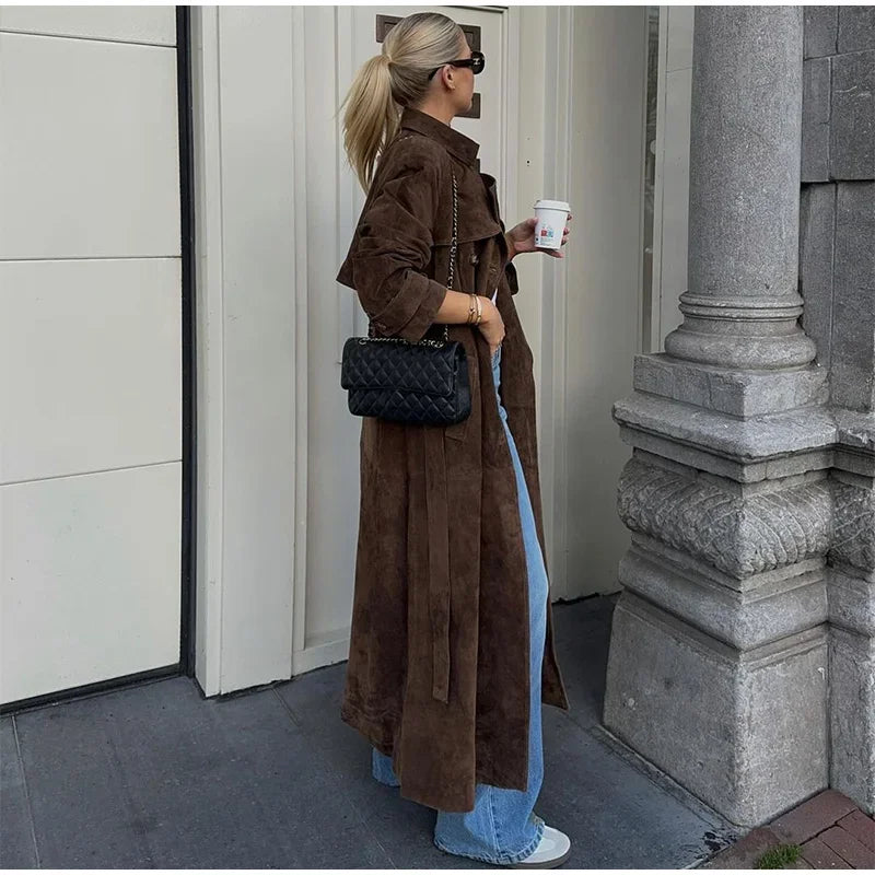 Elegant Suede Long Trench Coat Women Belt Double Breasted Full Sleeve Brown Windbreaker 2024 Autumn Lady Street Outwears New