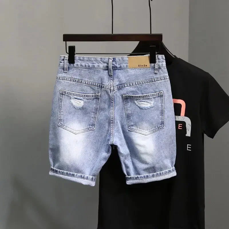 Trendy Denim Shorts For Men Summer Style Korean Version Thin Fit Hip Hop Brand Ins Small Group Medium Length Trousers